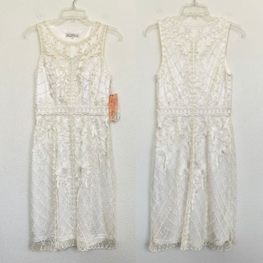 NWT Sue Wong Lace Embroidery Mesh Sleeveless Sheath Party Cocktail Dress White 2